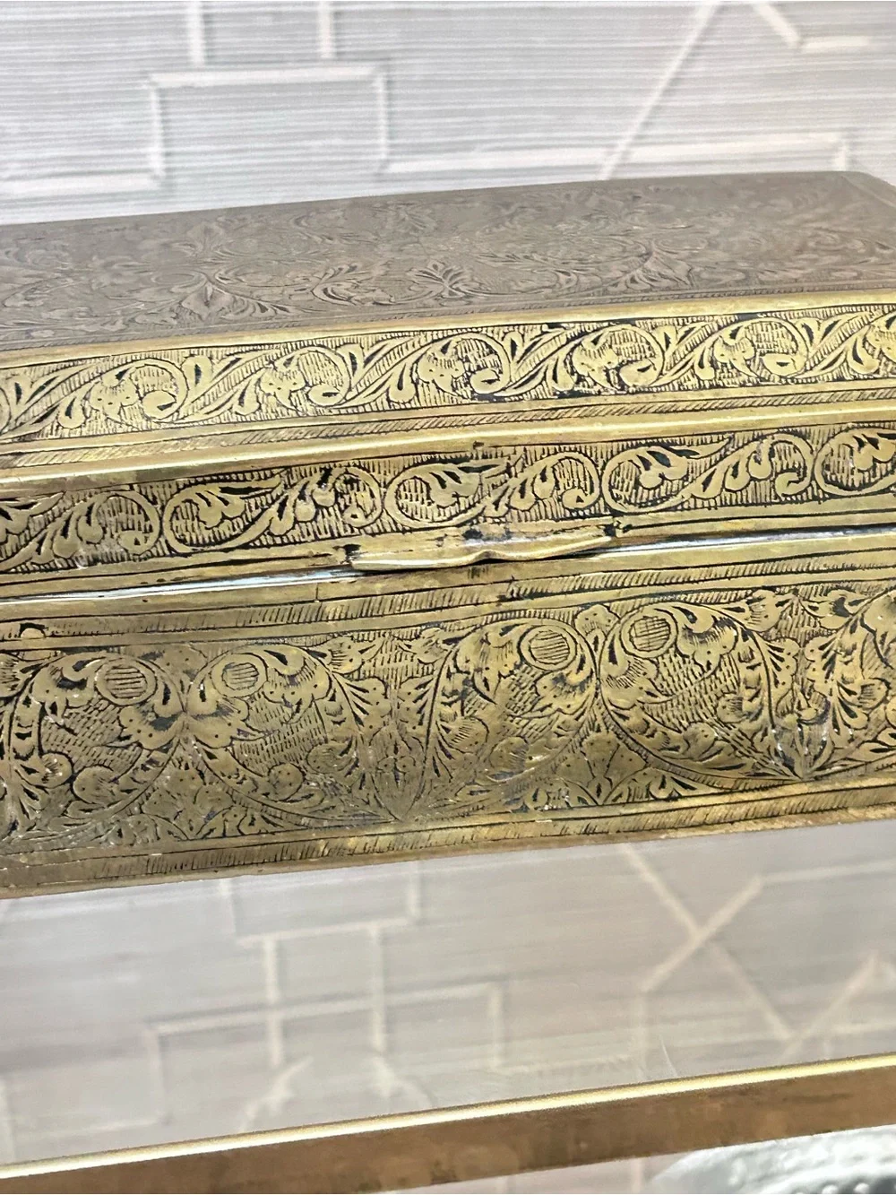 Vintage Etched Brass Jewelry Box Red Velvet Lined Trinket Box